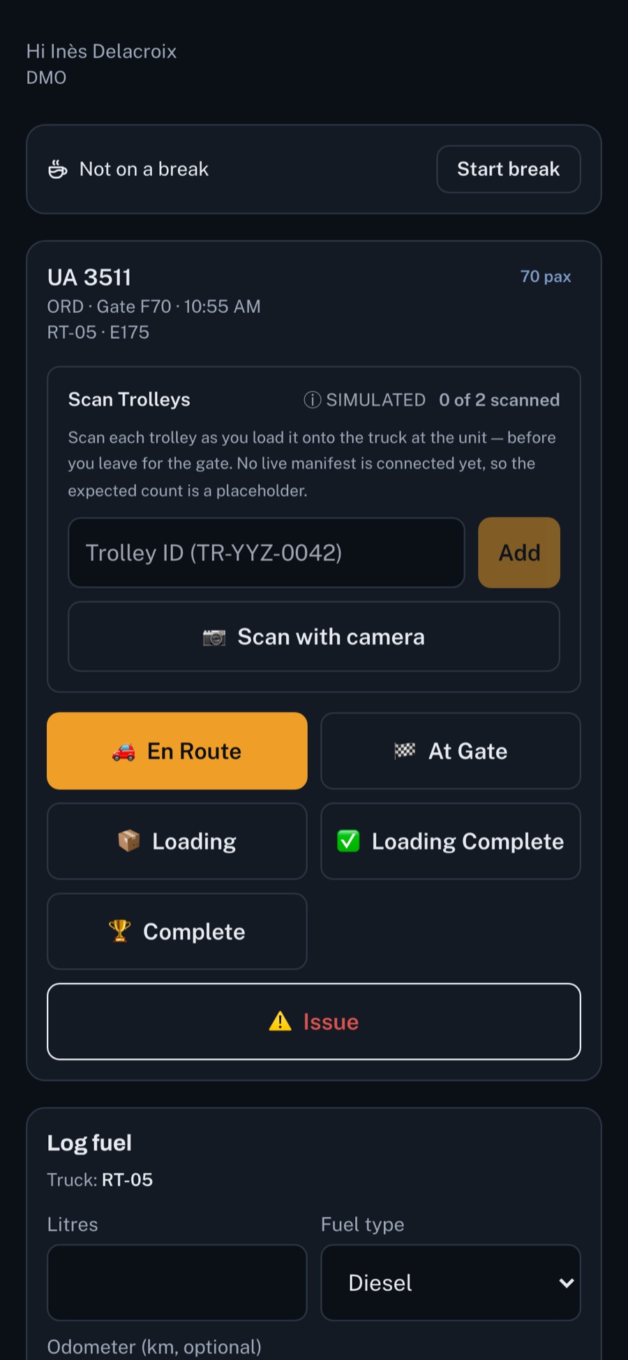 AeroCater driver app on a phone: flight UA 3511 to ORD, gate F70, 10:55 AM, truck RT-05, E175, with the Scan Trolleys step and the En Route, At Gate, Loading, Loading Complete, Complete and Issue buttons