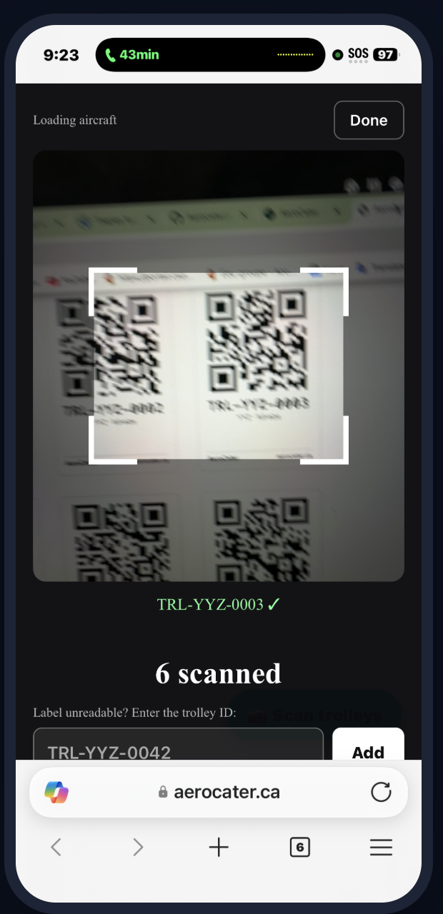 AeroCater driver app on a phone, mid-scan of a trolley QR label, showing 6 scanned confirmation